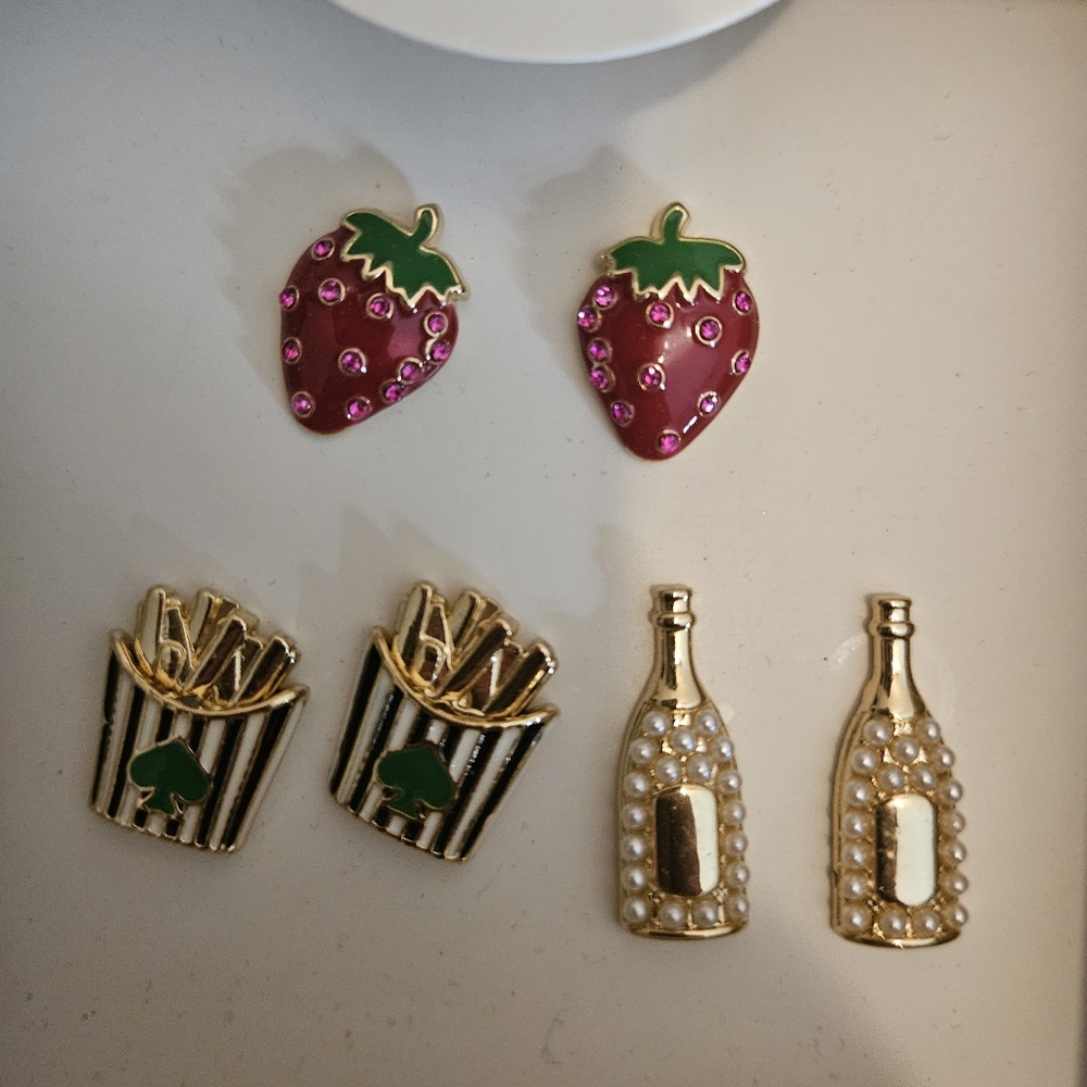 0Kate Spade X Target Strawberry, Fries, Champagne Earrings Set NIB - Picture 2 of 3